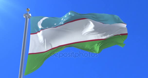 Uzbequistão bandeira acenando ao vento em lento com céu azul, loop
 - Filmagem, Vídeo