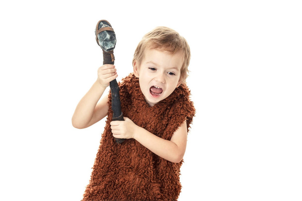 Cute cheerful naughty child playing with axe isolated on white - Photo, Image
