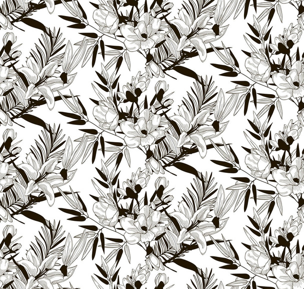 Vector Seamless Pattern with Drawn Flowers and Leaves - Vector, afbeelding
