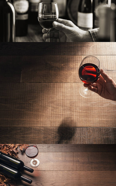 Excellent wine tasting at the bar and sommelier drinking a glass of red wine, photo collage - Фото, зображення