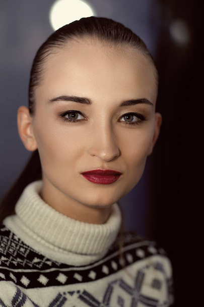 Closeup portrait of pretty girl with red lips and smoothed hair - Fotografie, Obrázek