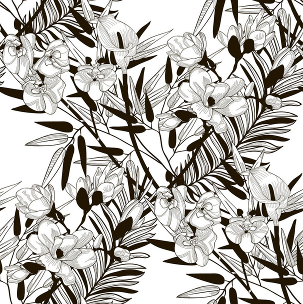 Vector Seamless Pattern with Drawn Flowers and Leaves - Вектор, зображення