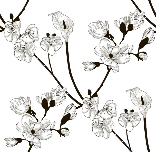 Vector Seamless Pattern with Drawn Flowers - Vektori, kuva