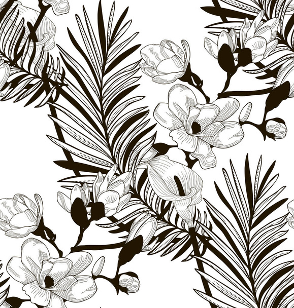 Vector Seamless Pattern with Drawn Flowers and Leaves - Vetor, Imagem