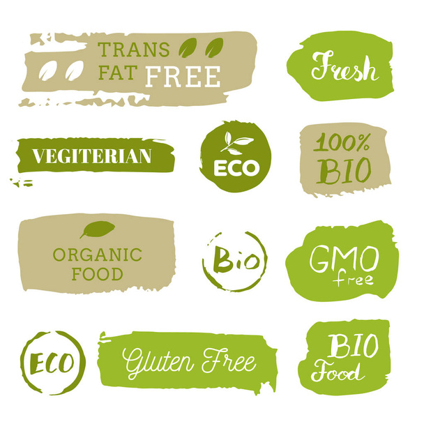 Healthy food icons, labels. Organic tags. Natural product elemen - Vector, Image