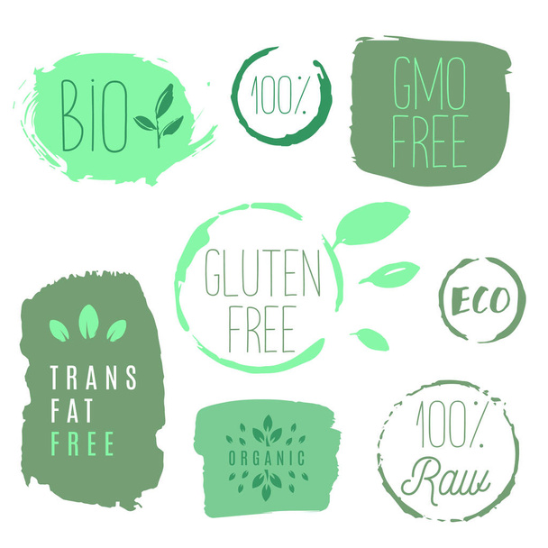 Terveellistä ruokaa kuvakkeet, etiketit. Orgaaniset merkit. Luonnontuote-elementti
 - Vektori, kuva