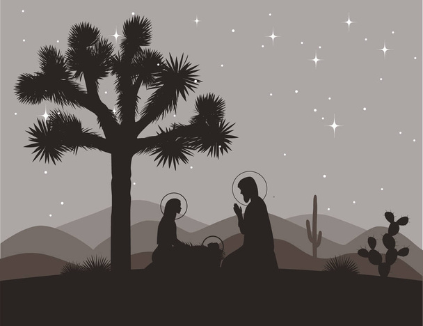 Cena de presépio incomum com Josué. Família santa e silhuetas de montanhas. Ilustração vetorial, Maria, Jesus e José
 - Vetor, Imagem