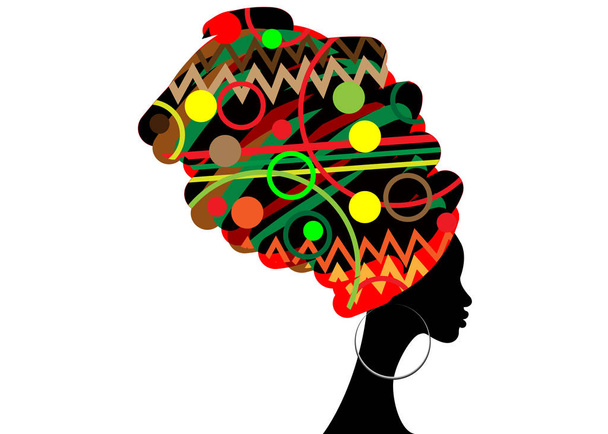 портрет красиві африканські жінка в традиційних тюрбан, Кенте голову обгортання Африканська, традиційні dashiki друку, чорні жінки векторні силует ізольовані з традиційних сережки, концепція зачіска - Вектор, зображення