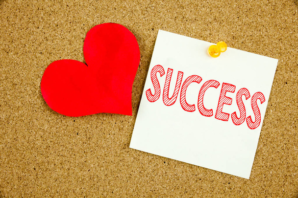 Conceptual hand writing text caption inspiration showing Success concept for Victory Triumph Good Result Favourable Outcome and Love written on sticky note, reminder cork background with copy space - Photo, Image