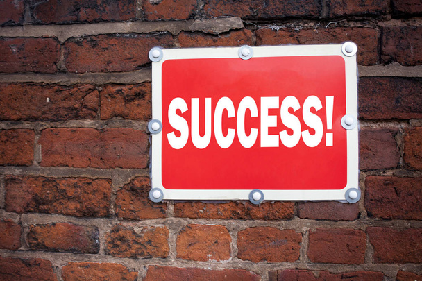 Hand writing text caption inspiration showing Success concept meaning Victory Triumph Good Result Favourable Outcome written on old announcement road sign with background and copy space - Photo, Image