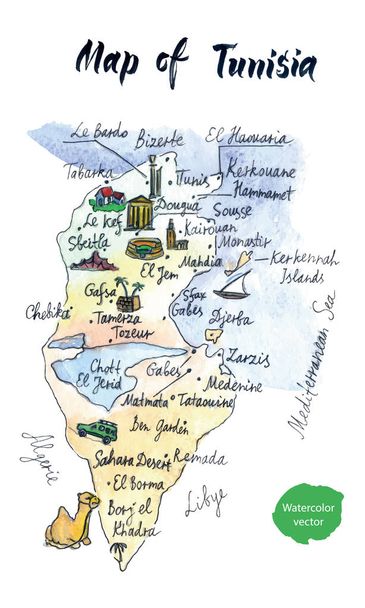 Mapa de atrações da Tunísia, aquarela desenhada à mão, ilustração vetorial
 - Vetor, Imagem