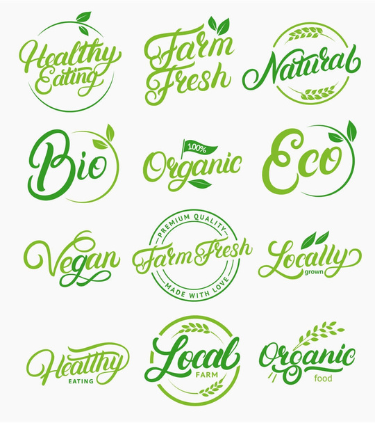 オーガニック、ローカル、新鮮な自然、菜食主義者は、健康的な手書きレタリング ロゴ、ラベル、エンブレムのセット. - ベクター画像