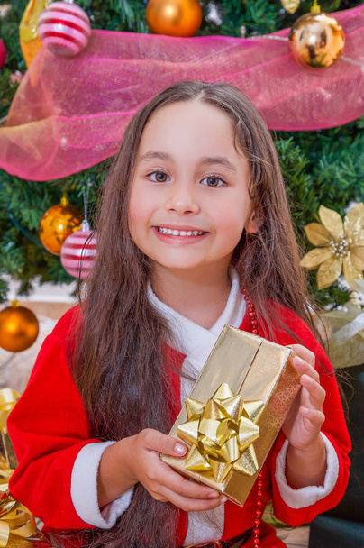 Close up of smiling girl wearing a red santa costume and holding a gift in her hands, with a Christmas tree behind, christmas concept - Foto, Imagen