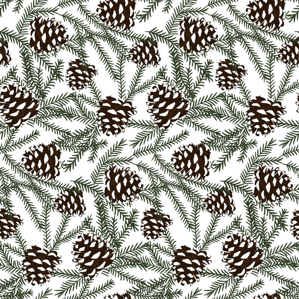 Seamless background of hand-drawn branches of spruce and pine cones. Pattern - Vector, Image