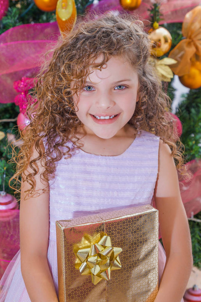 Close up of smiling curly girl wearing a pink dress and holding a huge gift in her hands, with a Christmas tree behind, christmas and new year concept - Foto, immagini