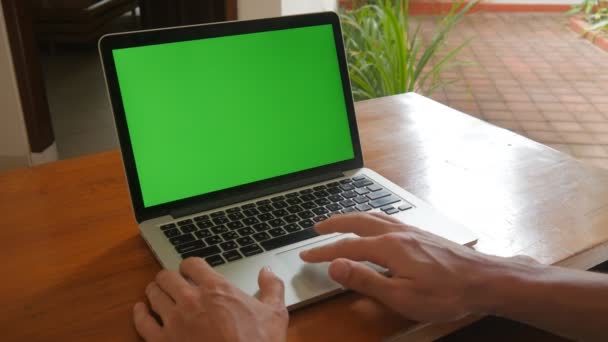 Ο άνθρωπος που εργάζεται στο φορητό υπολογιστή στο σπίτι με πράσινη οθόνη. Freelancer έργα στο σπίτι. - Πλάνα, βίντεο
