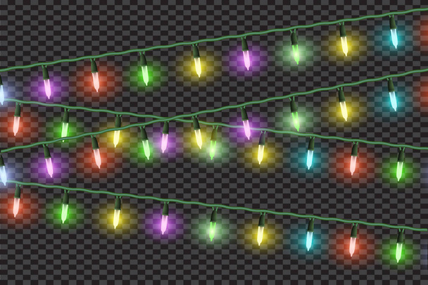 Christmas lights effects, garlands. Vector design elements, decorations isolated. Glowing lights for Holiday greeting card design. Christmas realistic luminous garland  - Vector, Image