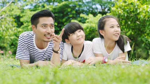Aziatische familie opzoeken & glimlachen toen op de maag liggen en lezen op grasland - Foto, afbeelding