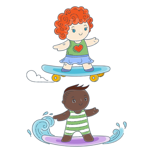 Illustrazione di un bambino su tavola da surf e skateboard
. - Vettoriali, immagini