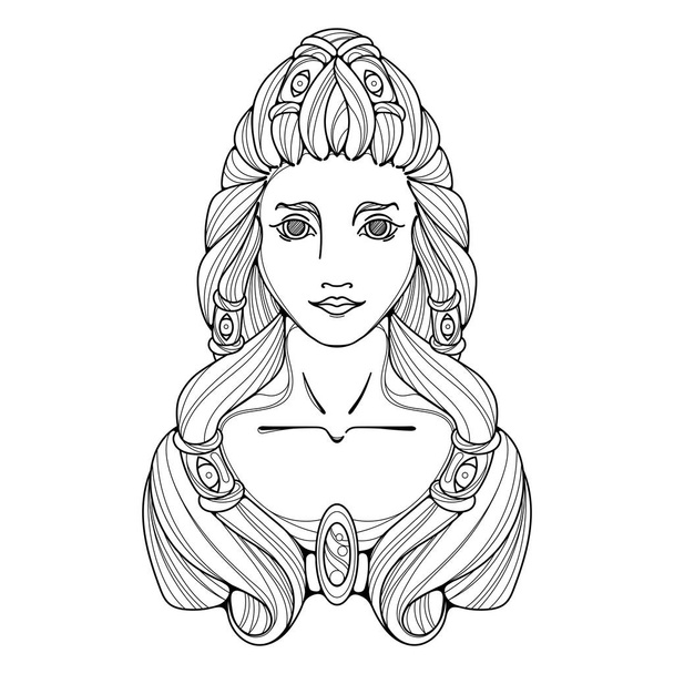 Girl black white and gold illustration. Long hair, tattoo image. - Vector, Image