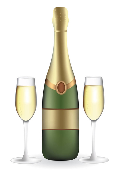 Champagnerflasche mit zwei vollen Weingläsern - Vektor, Bild