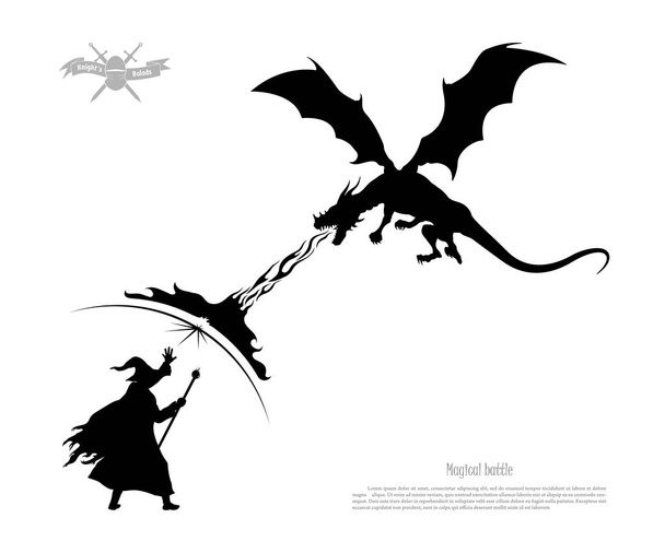 白い背景の上のドラゴンとウィザードの戦いの黒いシルエットは。モンスターは、魔術師に火を呼吸します。ファンタジー魔法の戦いの分離イメージ - ベクター画像