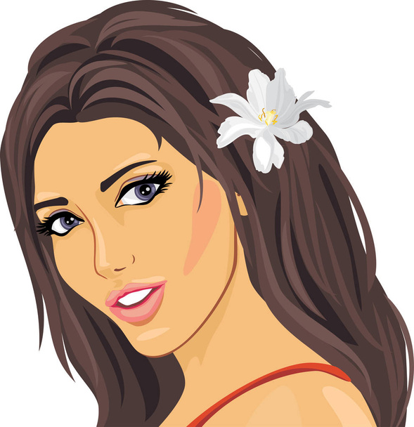 Портрет красивої жінки з білою квіткою у волоссі
 - Вектор, зображення