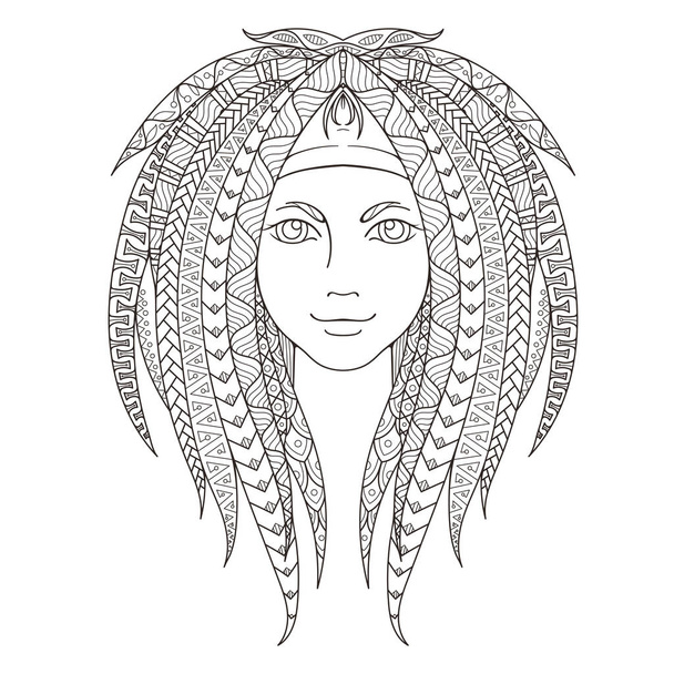 Young girl with patterned zentangle dreadlocks. Page for coloring. Ornate hairstyle. - Vector, Image