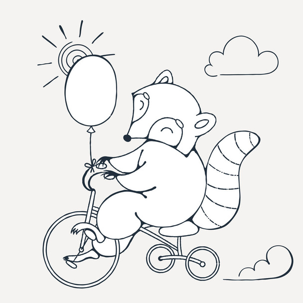 バルーンが付いているバイクに陽気なタヌキのイラスト. - ベクター画像