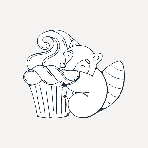 Illustratie met schattige wasbeer met cupcakes. - Vector, afbeelding