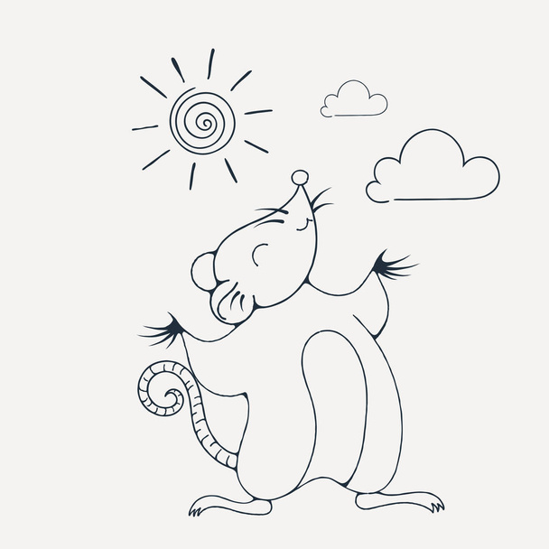 Illustration with a cheerful rat playing under the sun. Coloring page. - Vector, Image