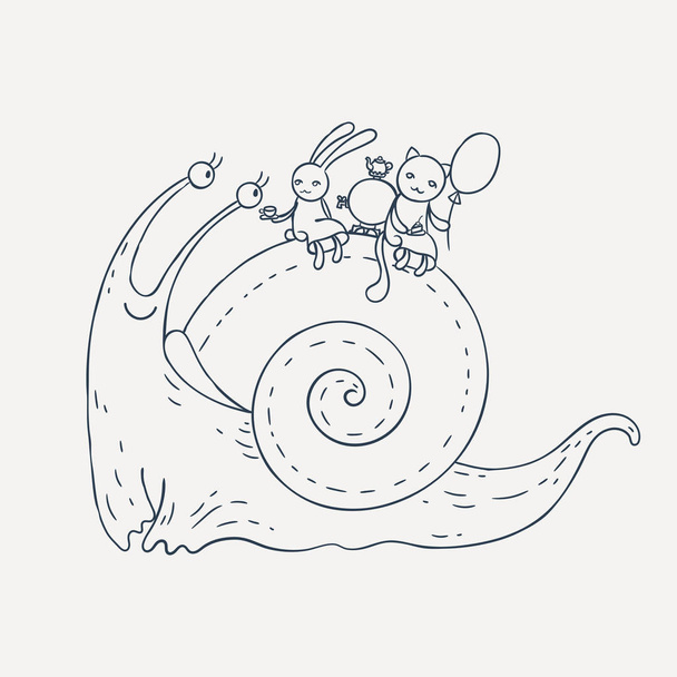 Smiling snail with bunny and kitten on his back. Hilarious tea. - Vector, Image