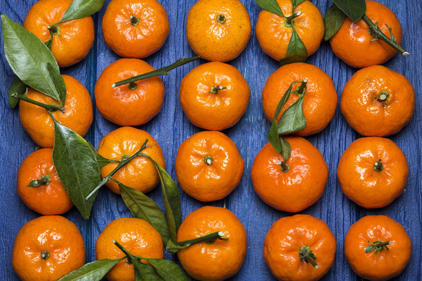 Orangensaftige Mandarinen (Mandarinen) mit grünen Blättern auf blauem Grund - Foto, Bild