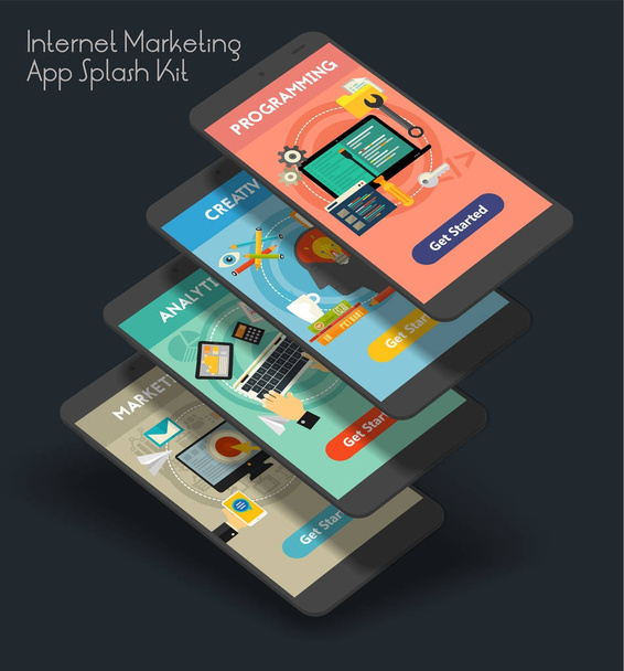 Trendy mobile UI kit, 3d isometric smartphone mockups on dark background  - Vector, Image