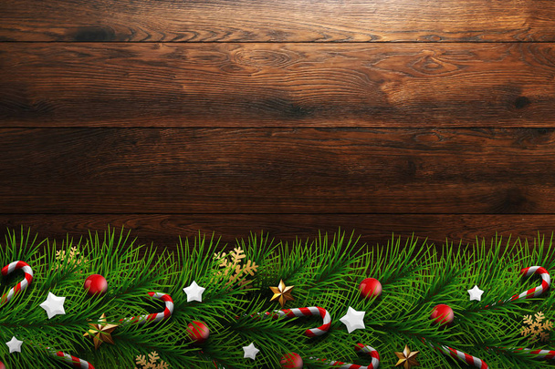 Χριστουγεννιάτικη ευχετήρια κάρτα, ρεαλιστική πράσινα κλαδιά του Χριστουγεννιάτικου δέντρου, διακοσμημένα με μπάλες, αστέρια, καραμέλες και νιφάδες χιονιού σε ξύλινη φόντο φόντο. Καλά Χριστούγεννα και Ευτυχισμένο το νέο έτος. Επίπεδη lay, αντίγραφο χώρου - Φωτογραφία, εικόνα