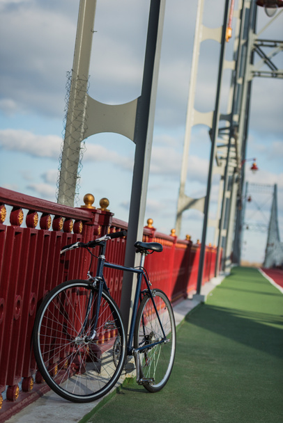 Vintage kerékpáros a gyalogos híd a napsütéses napon - Fotó, kép