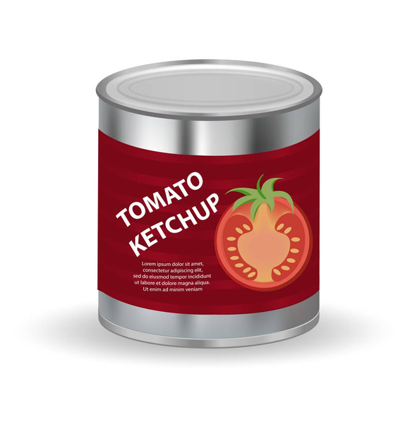 Tomato ketchup, tomato paste in a tin can, 3d realistic style. Canned red sauce. Mock-up for your product design. Vector illustration. - Vector, Image