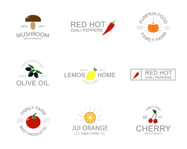 ビンテージの野菜や果物のロゴ、エンブレム、ラベル、バッジその他ブランド オブジェクト。チェリー、カボチャ、トマト、オレンジ、マッシュルーム、赤唐辛子、オリーブ、レモン - ベクター画像