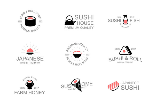 Vintage japonské jídlo a Suši logo, emblémy, štítky a odznaky a další značky objekty. Wasabi, sojová, omáčka, rohlíky, snack, rýže, sashimi, nigiri, onigiri, teaput, temaki. - Vektor, obrázek