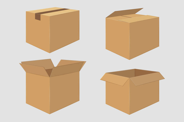 Σετ από τέσσερα κουτιά από χαρτόνι. Ανοικτό και κλειστό κουτί - Διάνυσμα, εικόνα