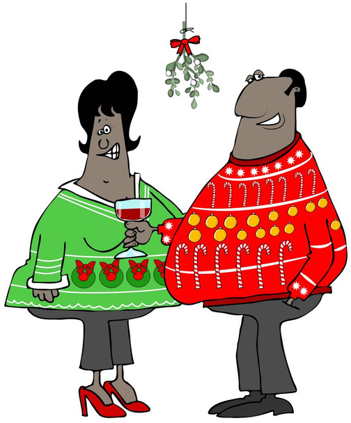 ヤドリギの下で立っている醜いクリスマス セーターを身に着けている黒のカップルのイラスト. - 写真・画像