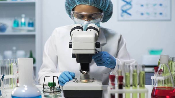 Laborantin schaut ins Mikroskop, macht biomedizinische Forschung - Foto, Bild