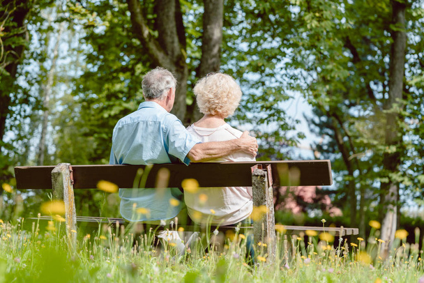 Romantic elderly couple sitting together on a bench in a tranqui - Photo, Image