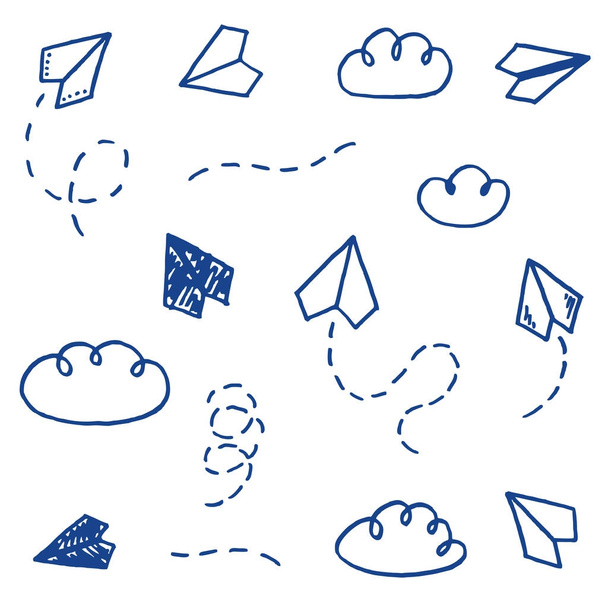 Vektor Illustration Set aus verschiedenen freihändig gezeichneten Cartoon-Papierflugzeugen mit Spuren und Wolken im kindlichen Stil - Vektor, Bild