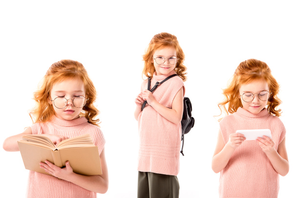 Collage mit Schulmädchen in Brille, stehend mit Buch, Rucksack und Smartphone, isoliert auf weiß - Foto, Bild