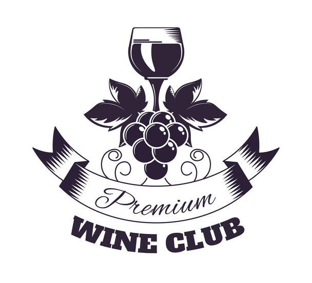 Premium wine club isolated monochrome emblem with full shiny glass, grapes bunch and ribbon with sign flat vector illustration on white background. Community of exquisite alcohol drink admires. - Vector, imagen