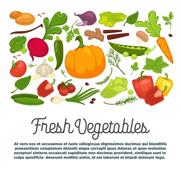 Fresh vegetables advertisement with organic healthy vegetarian products and greenery from farm full of vitamins isolated cartoon flat vector illustrations with sample text on white background. - ベクター画像