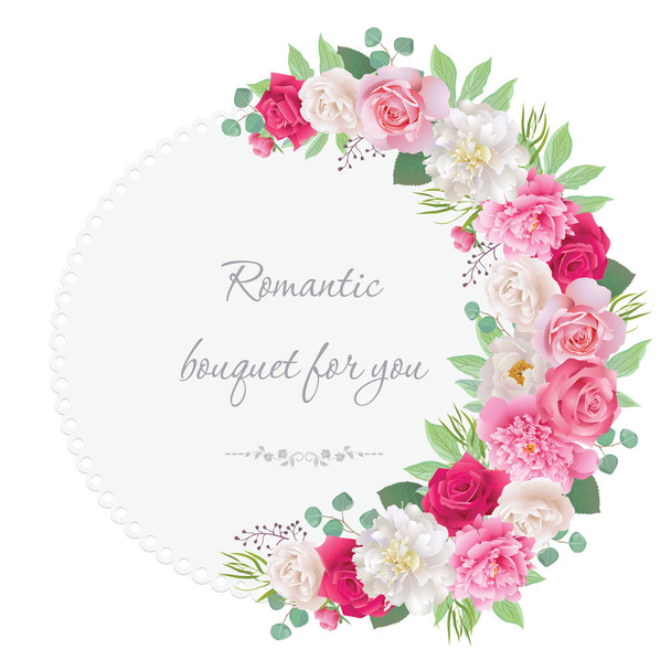 Romantic semicircle garland frame with red and pink roses, white and pink peonies. Can be used as invitation for wedding, birthday, thank you card, Valentine's Day and other holiday and summer background.  Vector illustration. EPS 10 - Vector, Image