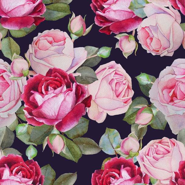 Floral seamless pattern with watercolor pink roses - Zdjęcie, obraz