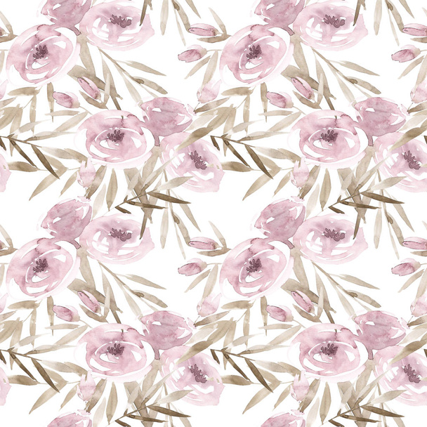 Pale pink roses and peonies with gray leaves on white background. Seamless pattern. Romantic garden flowers illustration. Faded colors. - Photo, image